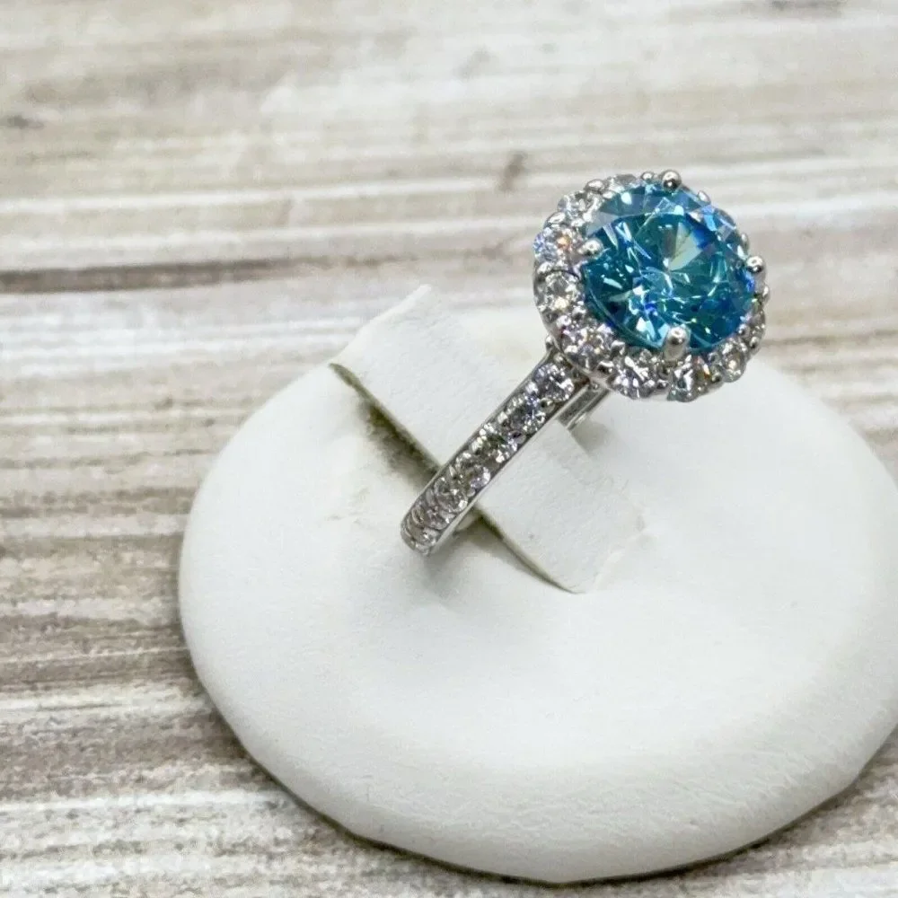 Sterling Silver Ring Sky Blue CZ Faceted Solitaire Halo Clear CZ Size 7.75 Prong - Picture 2 of 14